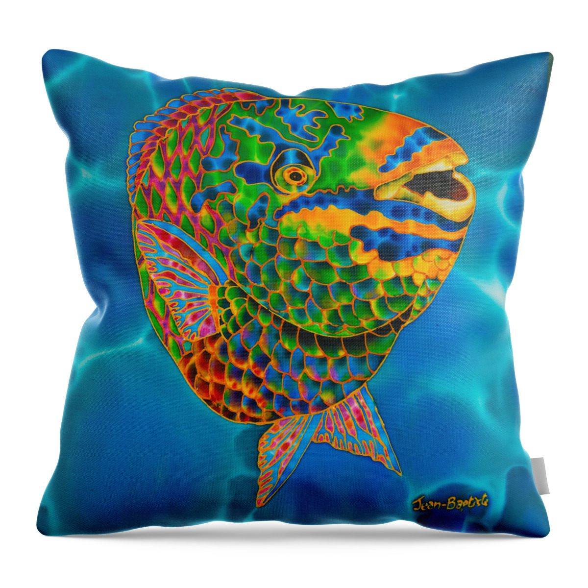 Diving Throw Pillow featuring the painting Queen Parrotfish #1 by Daniel Jean-Baptiste