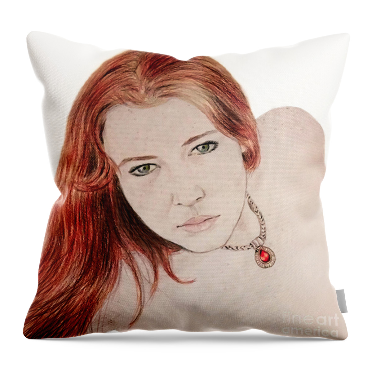 Drawing Throw Pillow featuring the drawing Red Hair and Freckled Beauty #1 by Jim Fitzpatrick