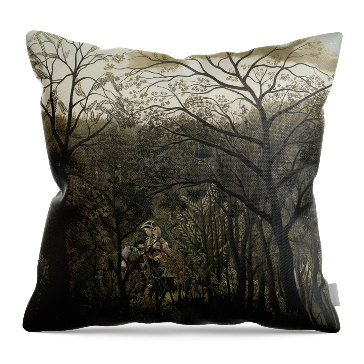 Henri Rousseau Throw Pillow featuring the painting Rendezvous In The Forest #1 by Henri Rousseau