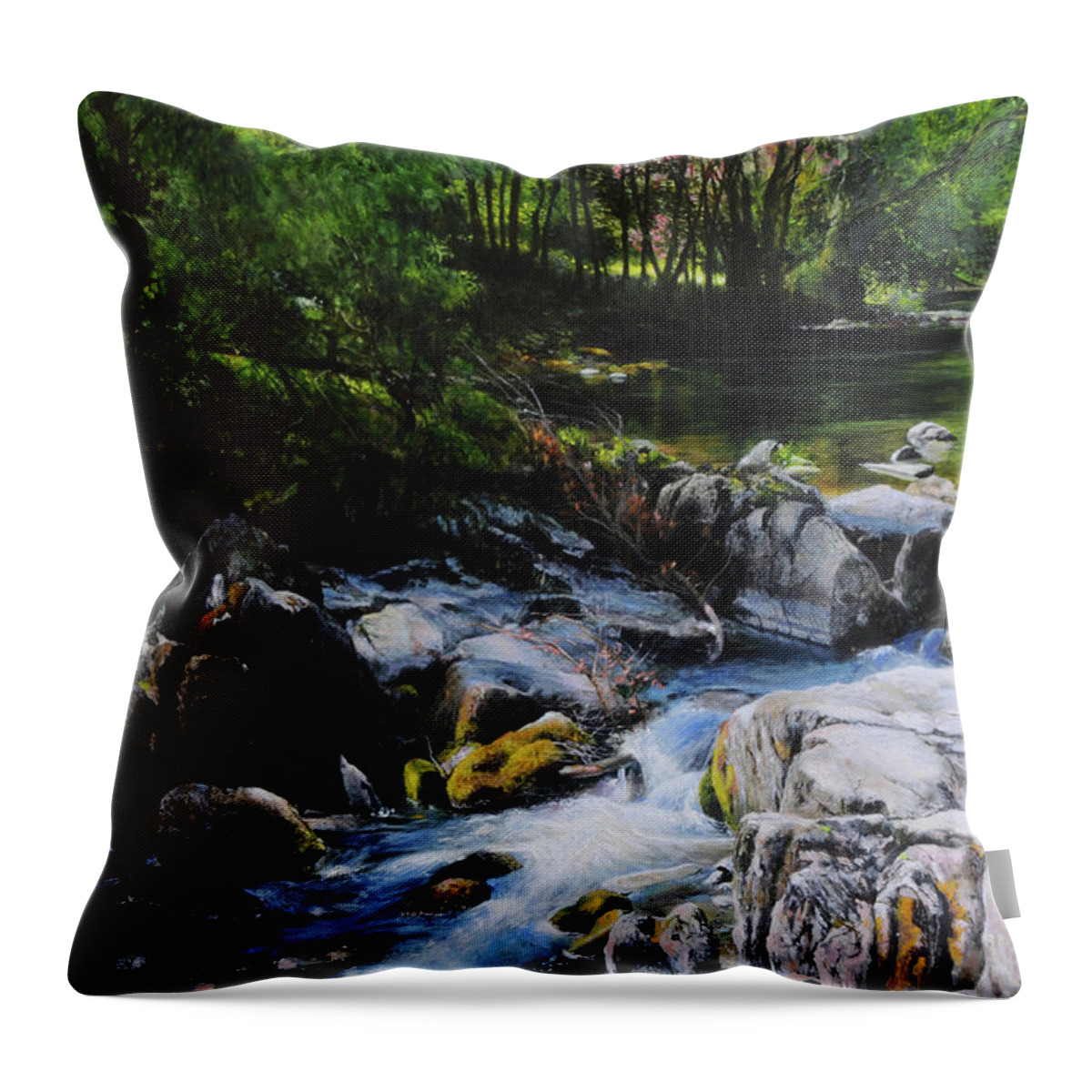 Landscape Throw Pillow featuring the painting River in Wales by Harry Robertson