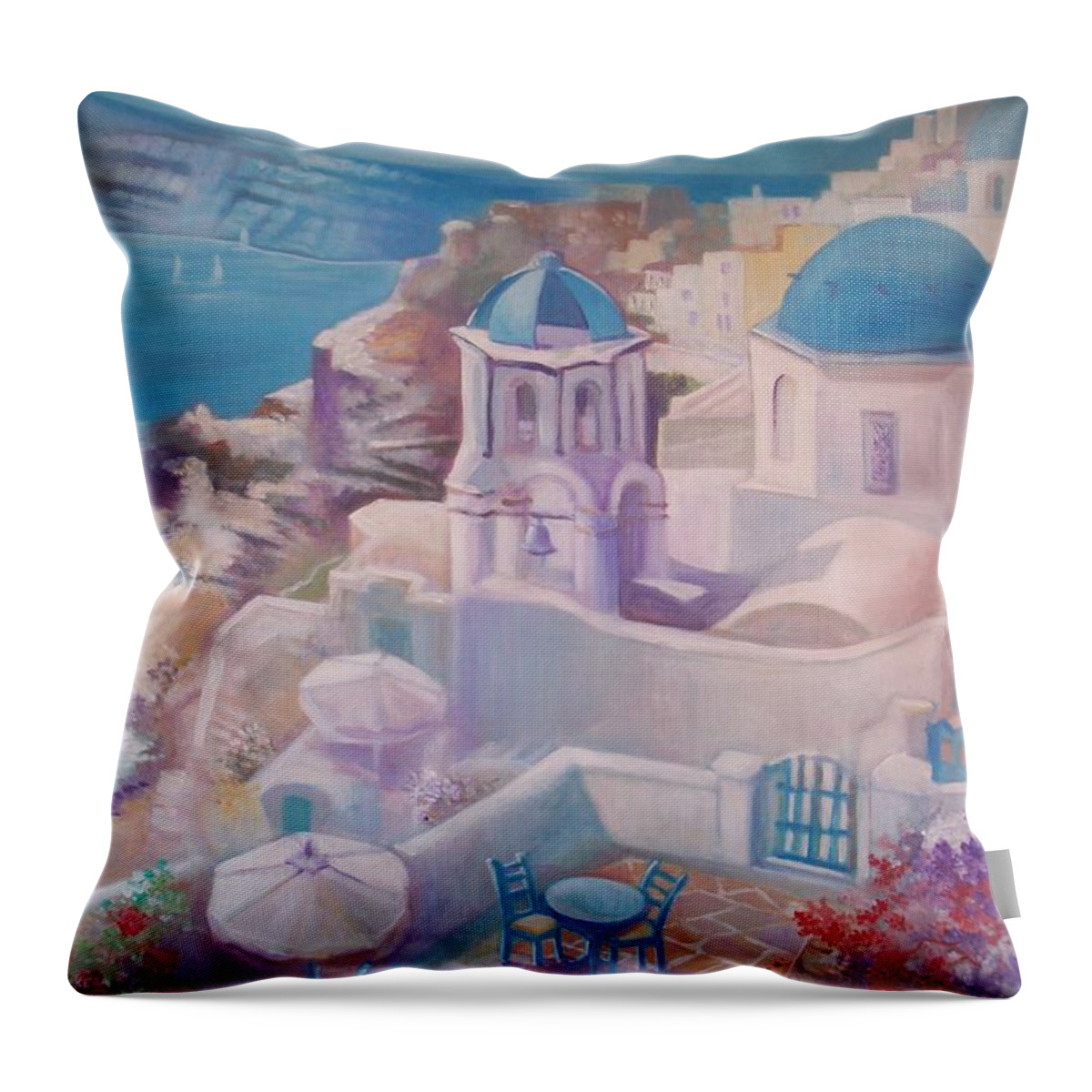Greece Throw Pillow featuring the painting Santorini Greece by Paul Weerasekera