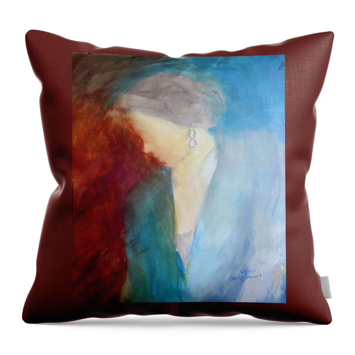 Blue Throw Pillow featuring the painting Sarah's Blue Suit #1 by Carole Johnson