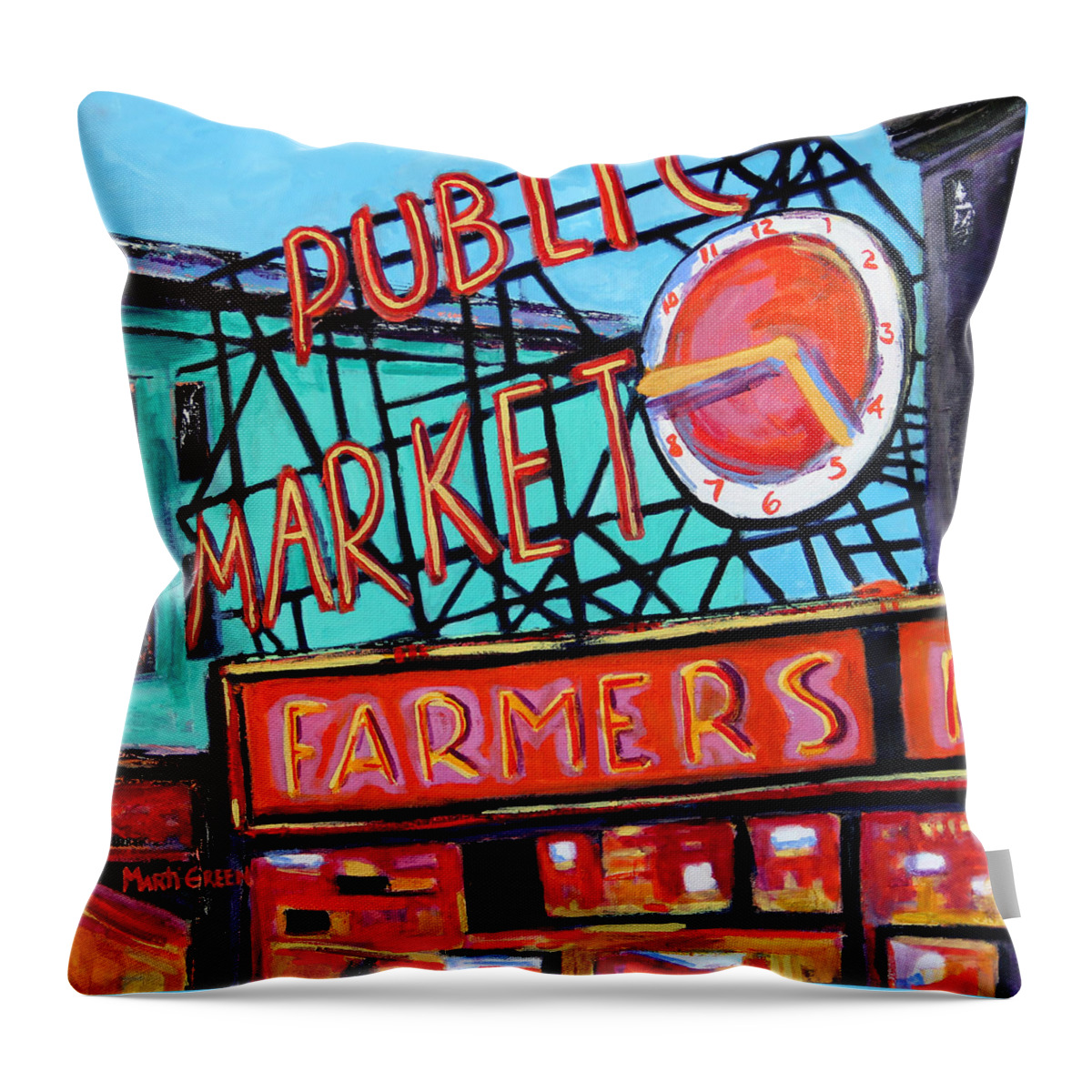 Public Market Throw Pillow featuring the painting Seattle Public Market #2 by Marti Green
