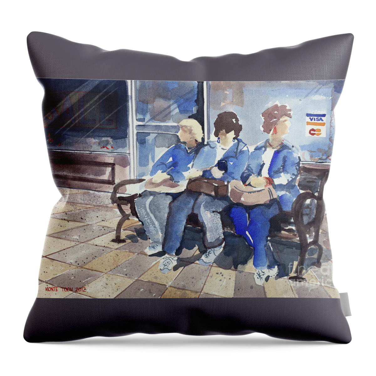 Three Ladies On A Park Bench At A Shopping Mall. Throw Pillow featuring the painting Shopping by Monte Toon