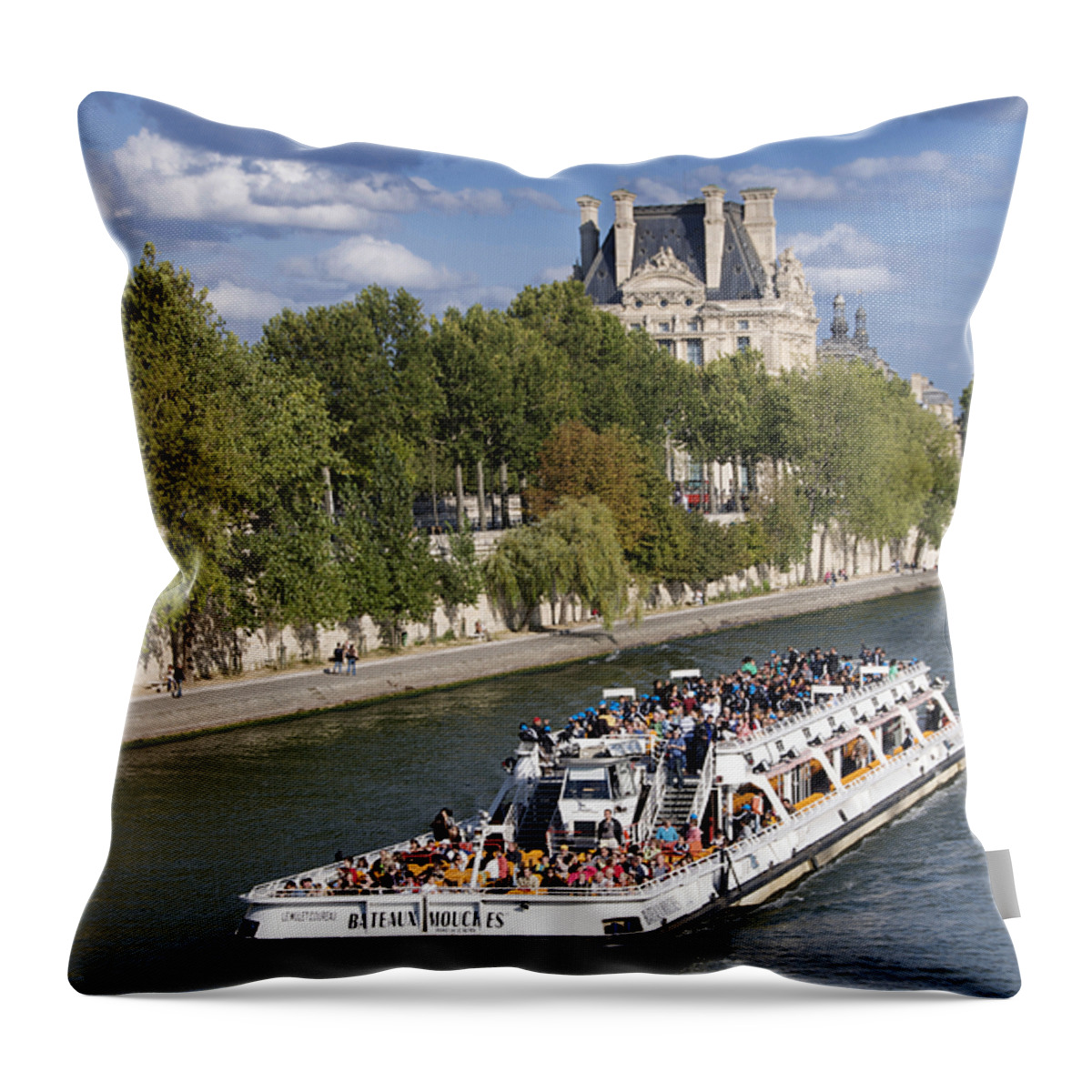 Paris Throw Pillow featuring the photograph Sightseeing boat on river Seine to Louvre museum. Paris #1 by Bernard Jaubert