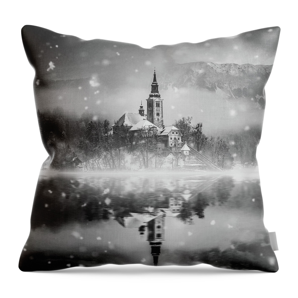 Lake Bled Throw Pillow featuring the photograph Snowing Over Lake Bled #1 by Mountain Dreams