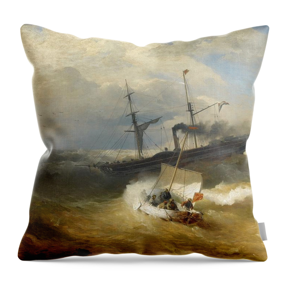 Andreas Achenbach Throw Pillow featuring the painting Steam Ship and Sailing Boat in Rough Seas #1 by Andreas Achenbach
