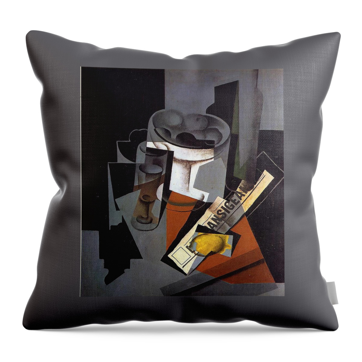 Still Life With Newspaper - Juan Gris 1916 Synthetic Cubism Throw Pillow featuring the painting Still Life with Newspaper #1 by Juan Gris
