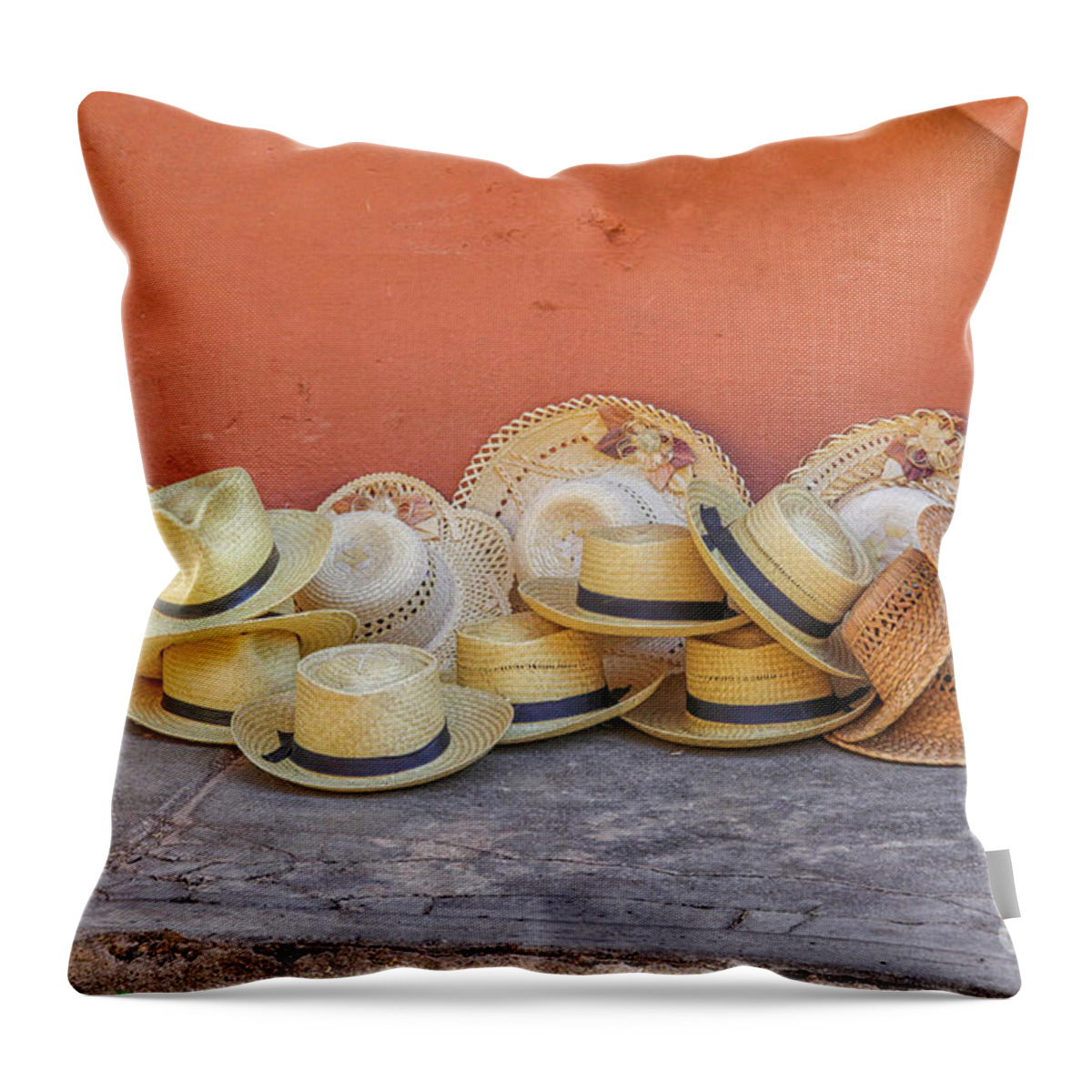 Caribbean Throw Pillow featuring the photograph Straw hats by Patricia Hofmeester
