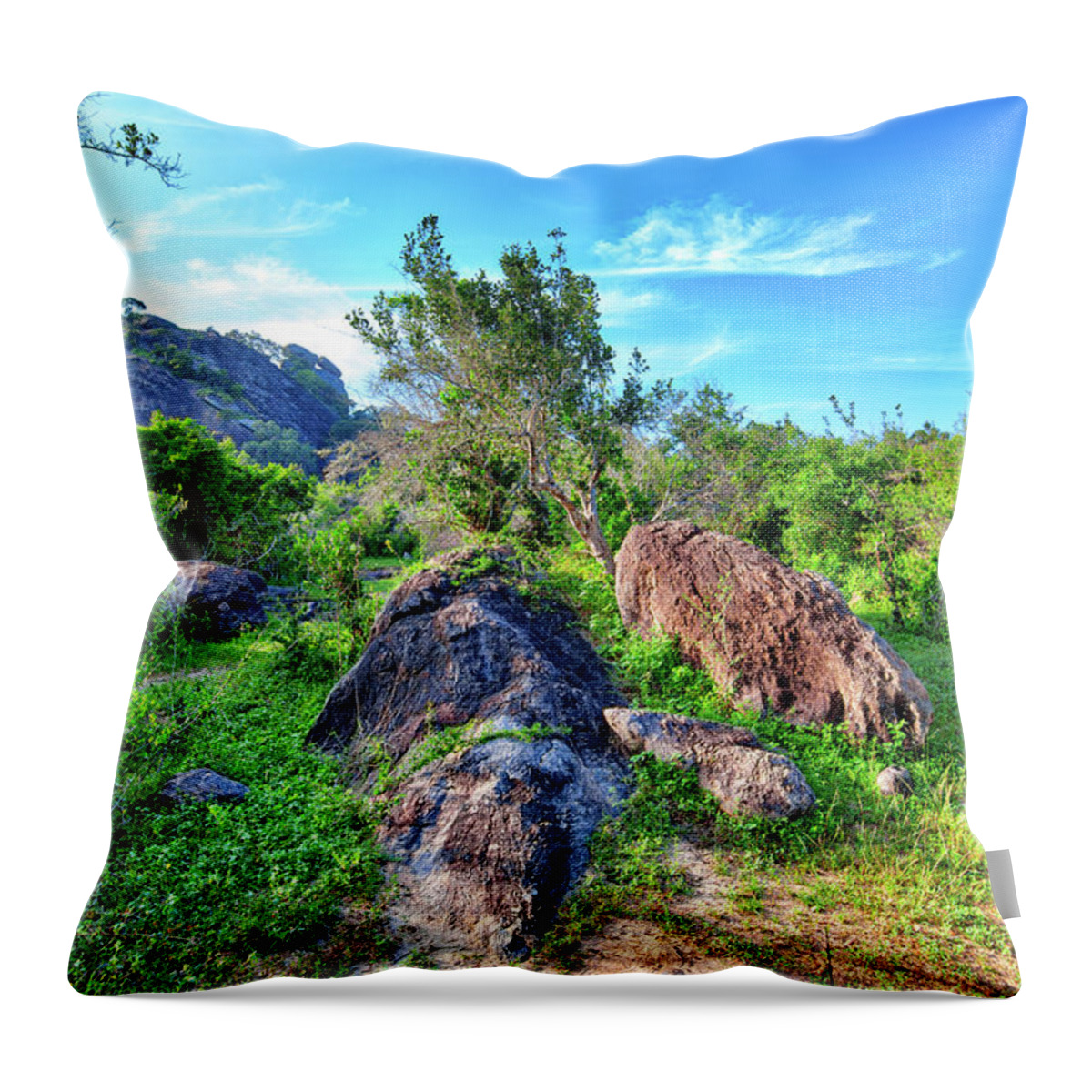 Adventure Throw Pillow featuring the photograph stunning landscape with rocks in the Yala Nationalpark #1 by Gina Koch