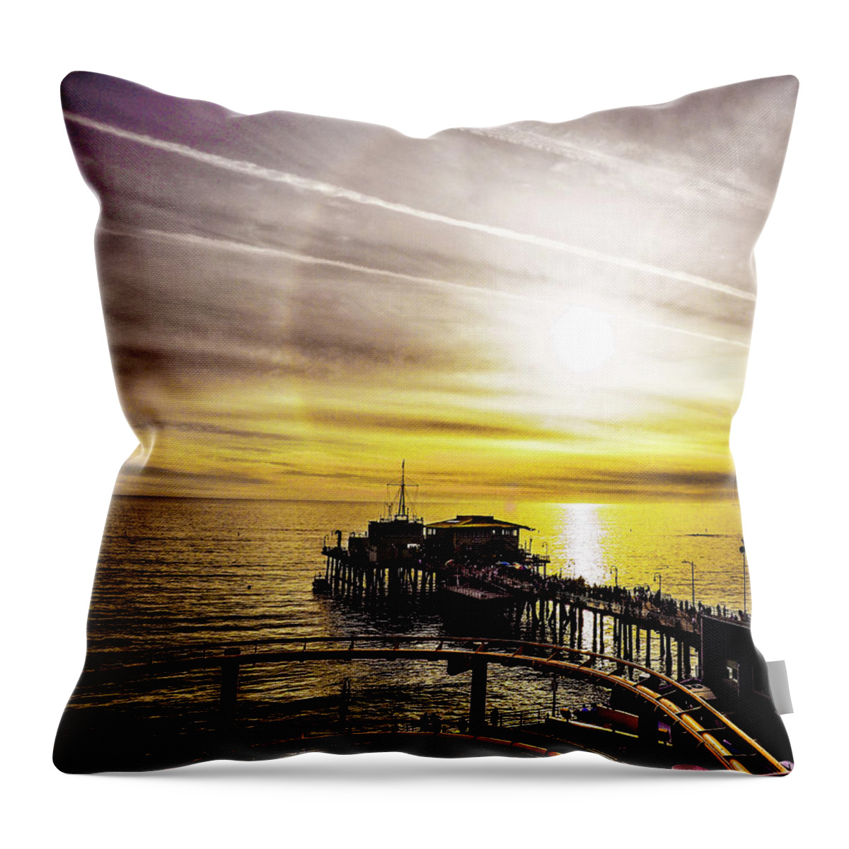 Rebecca Dru Throw Pillow featuring the photograph Sunset at Santa Monica Beach view from Ferris Wheel by Rebecca Dru