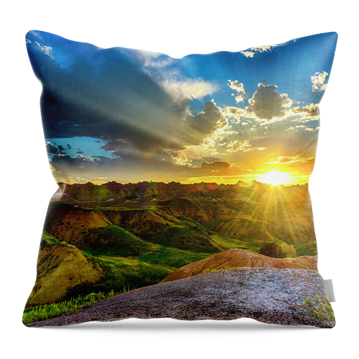 Badlands National Park Throw Pillow featuring the photograph Sunset over Badlands NP Yellow Mounds Overlook by Donald Pash