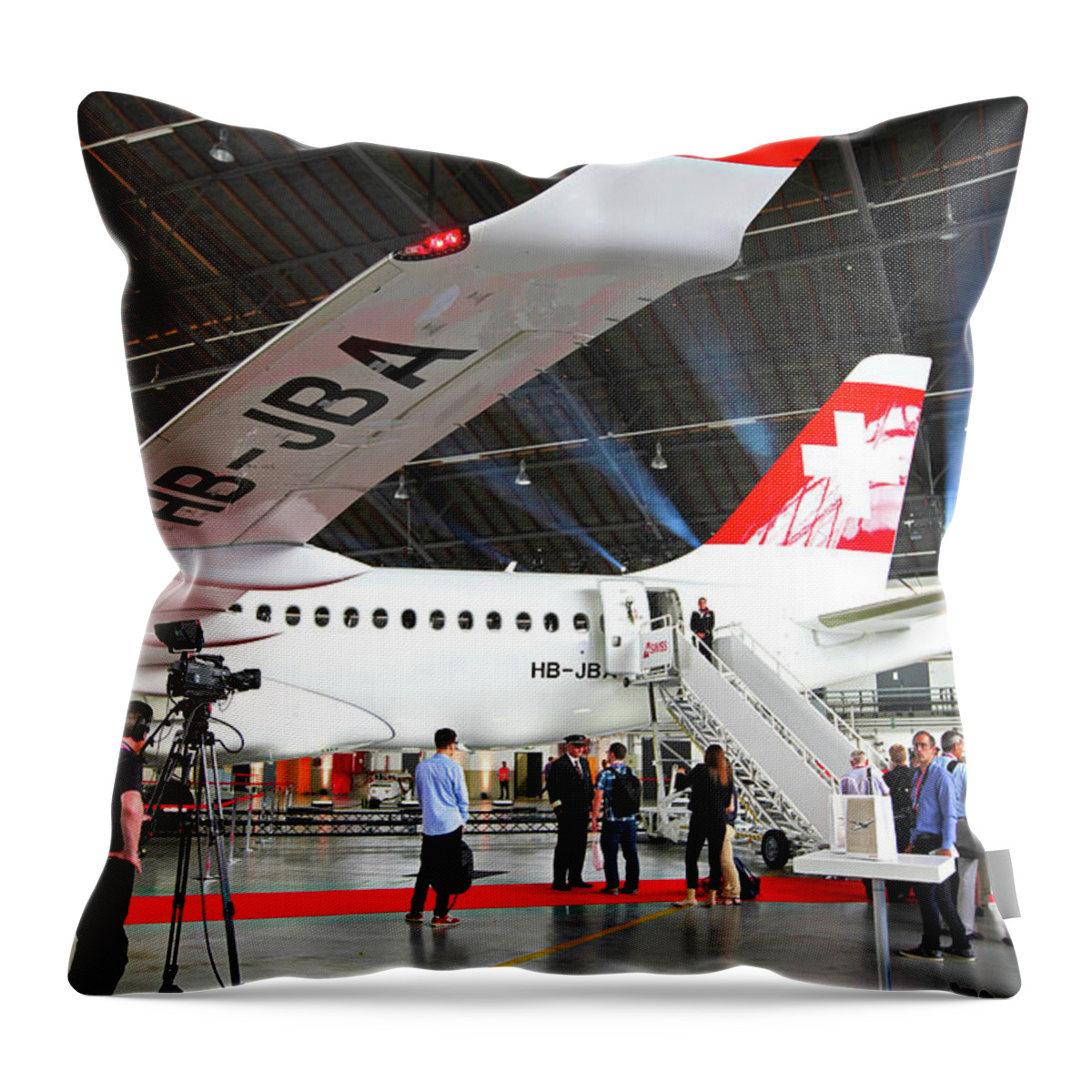 Airbus Throw Pillow featuring the photograph SWISS First Airbus A220 CSeries CS100 by Sylvain Faust