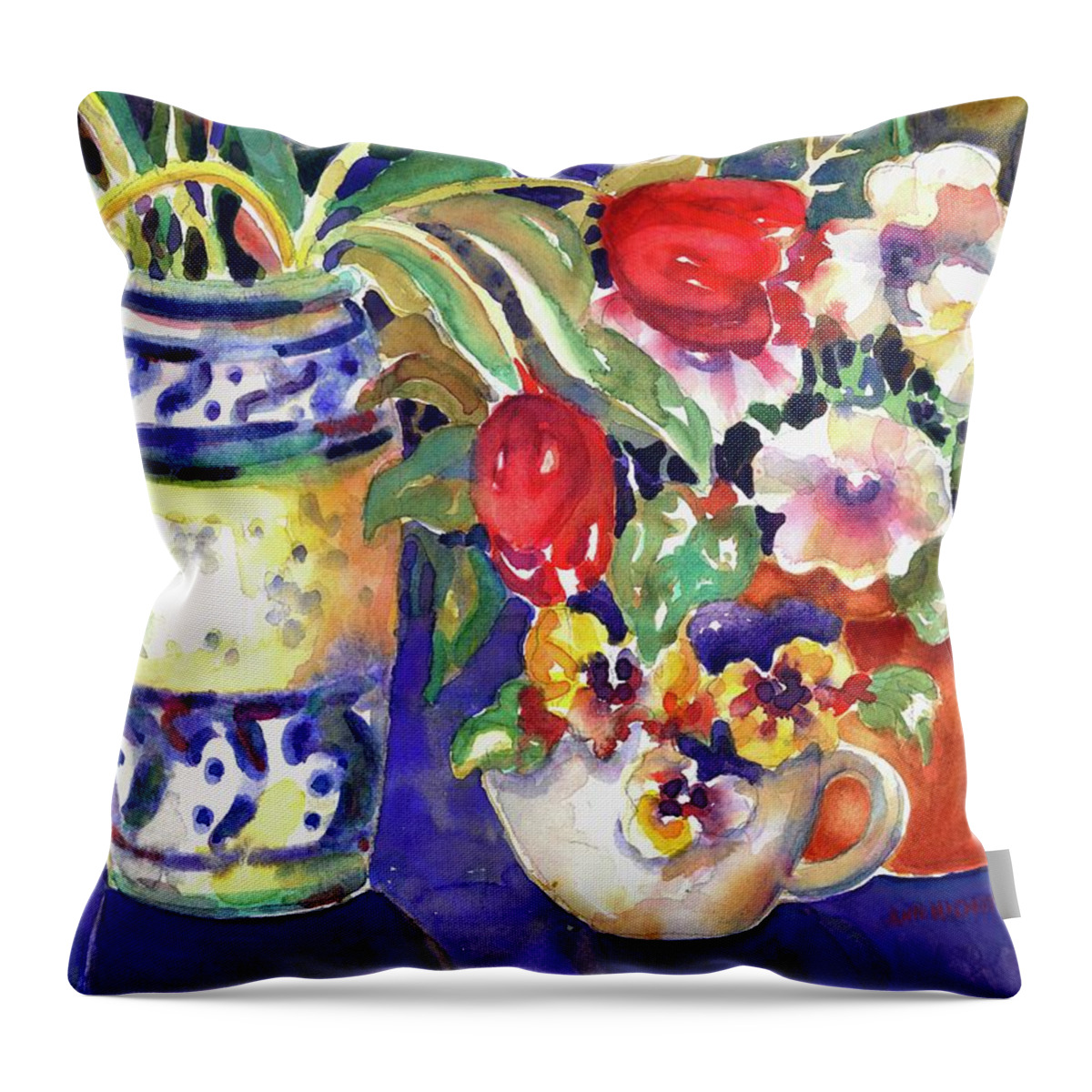 Watercolor Throw Pillow featuring the painting Table Blooms #1 by Ann Nicholson