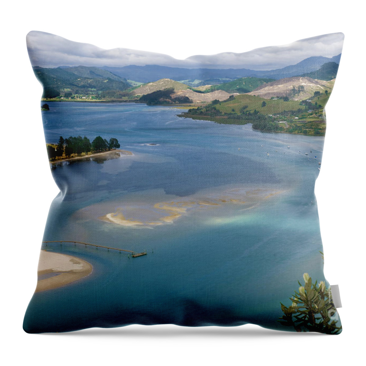 Aerial Throw Pillow featuring the photograph Tairua Harbour #1 by Himani - Printscapes