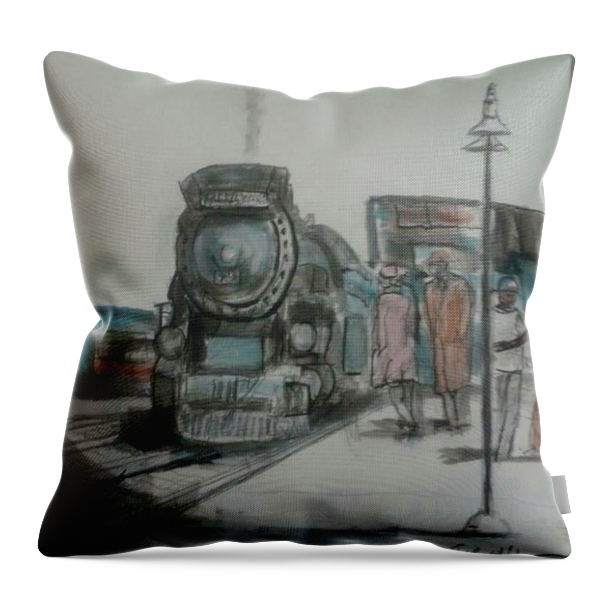 Blue Comet Train Throw Pillow featuring the painting The Blue Comet Train by Tyrone Hart