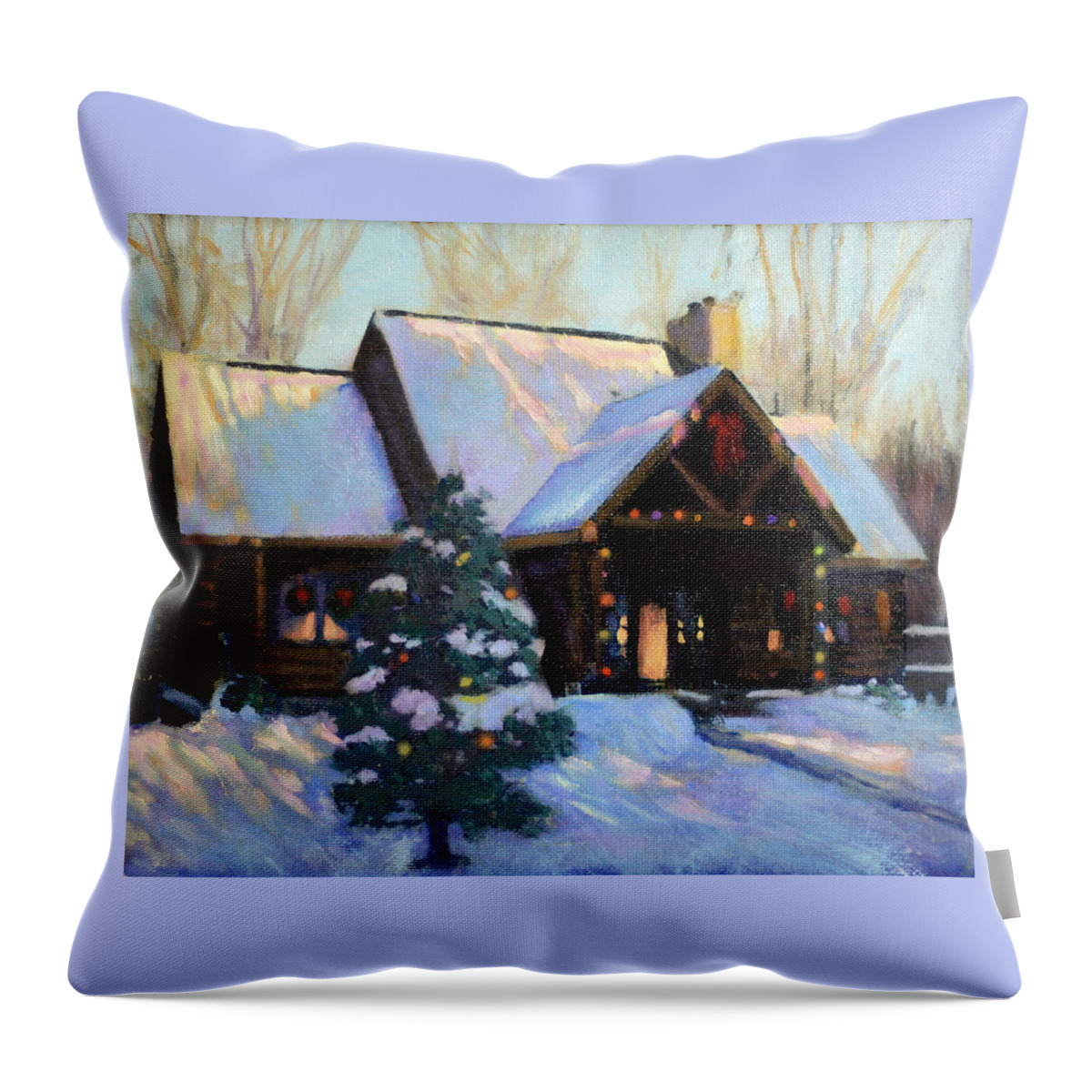 Sunset Throw Pillow featuring the painting The Christmas Cabin #1 by David Zimmerman