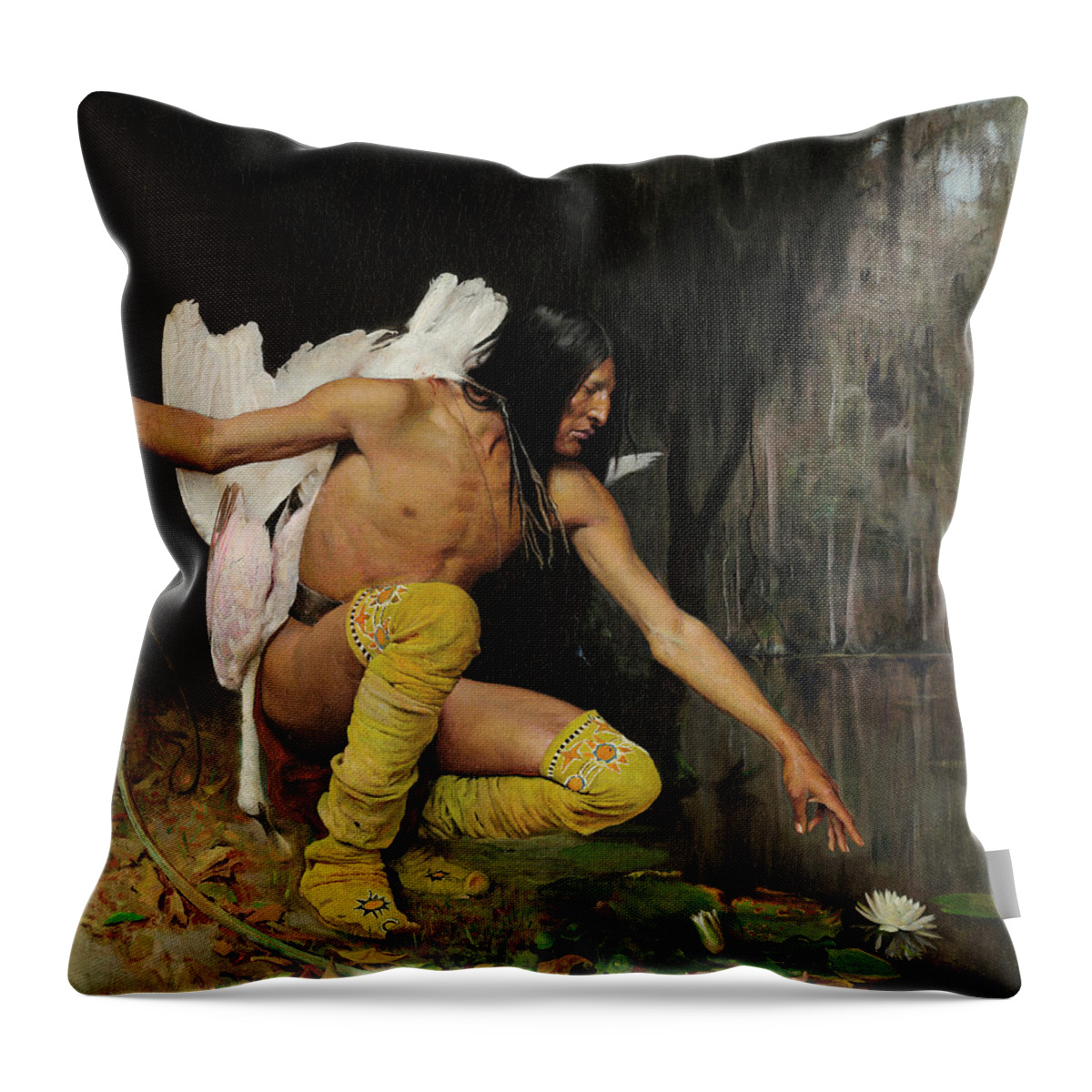 Swan Throw Pillow featuring the painting The Indian and the Lily #1 by George de Forest Brush