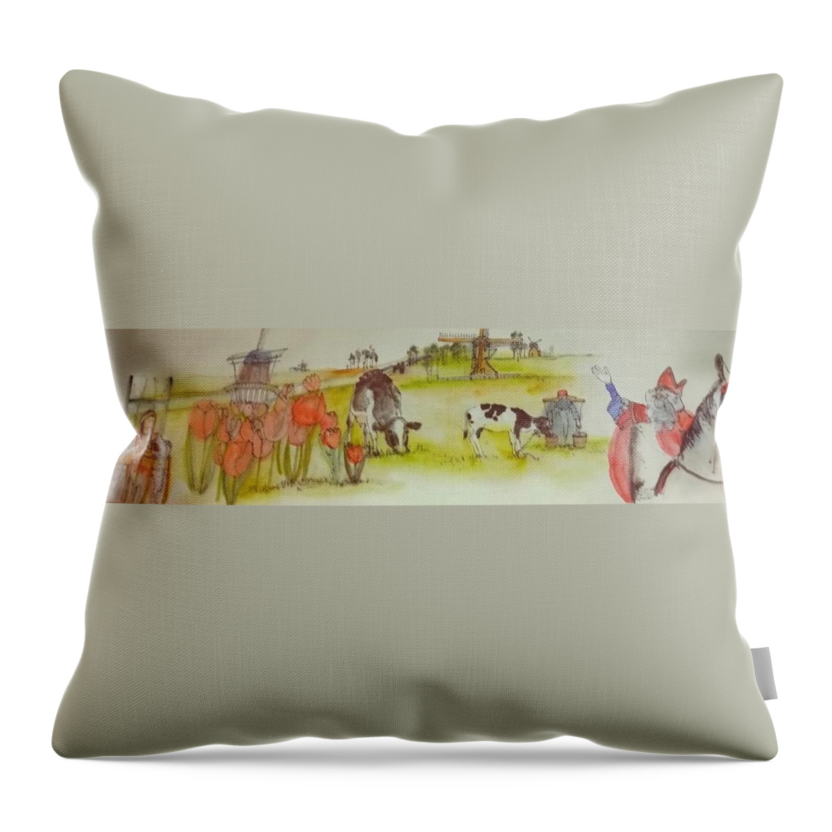 The Netherlands. Landscape. Cows. Sinterklauss. Throw Pillow featuring the painting the Netherlands scroll #1 by Debbi Saccomanno Chan