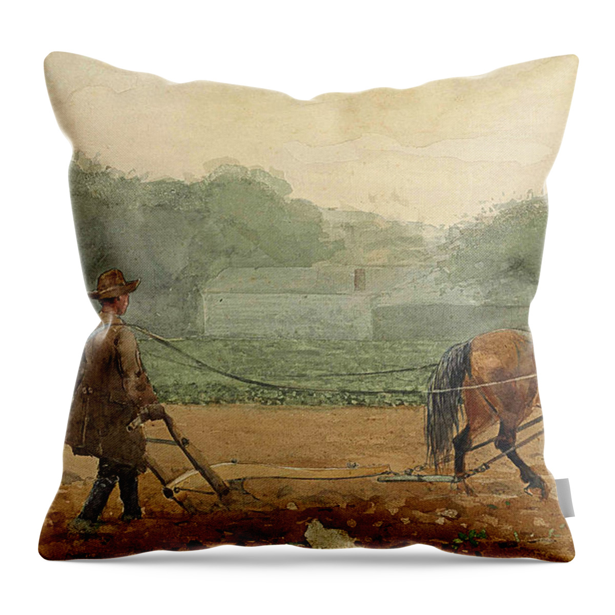 Winslow Homer Throw Pillow featuring the drawing The Plowman #1 by Winslow Homer