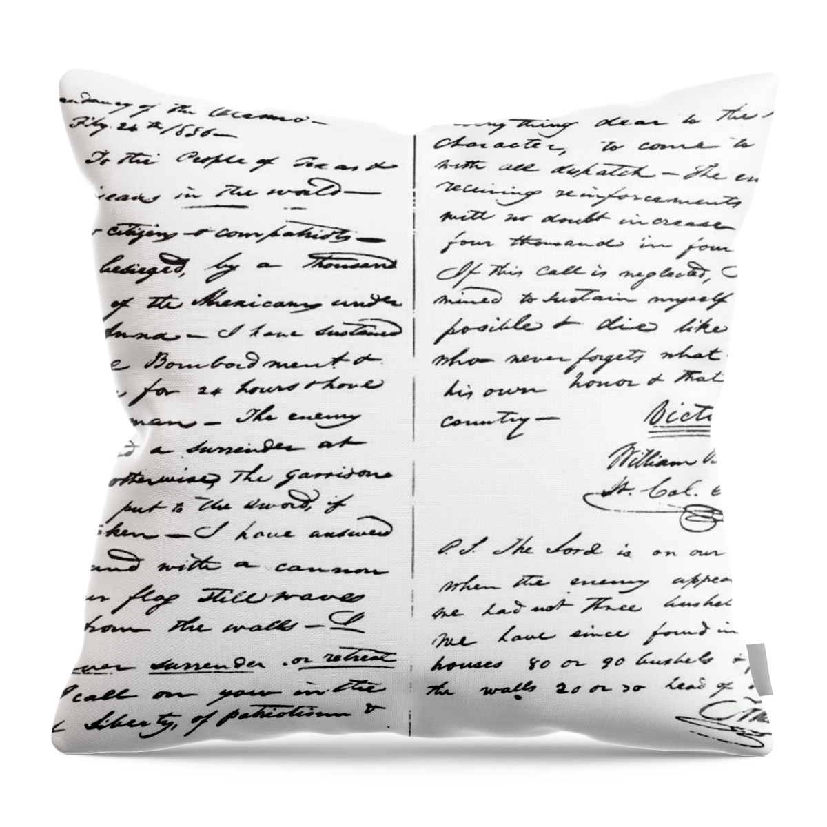 William Barret Travis Throw Pillow featuring the drawing The Victory of Death letter written by the Alamo commander William Barret Travis, 1836 by William Barret Travis