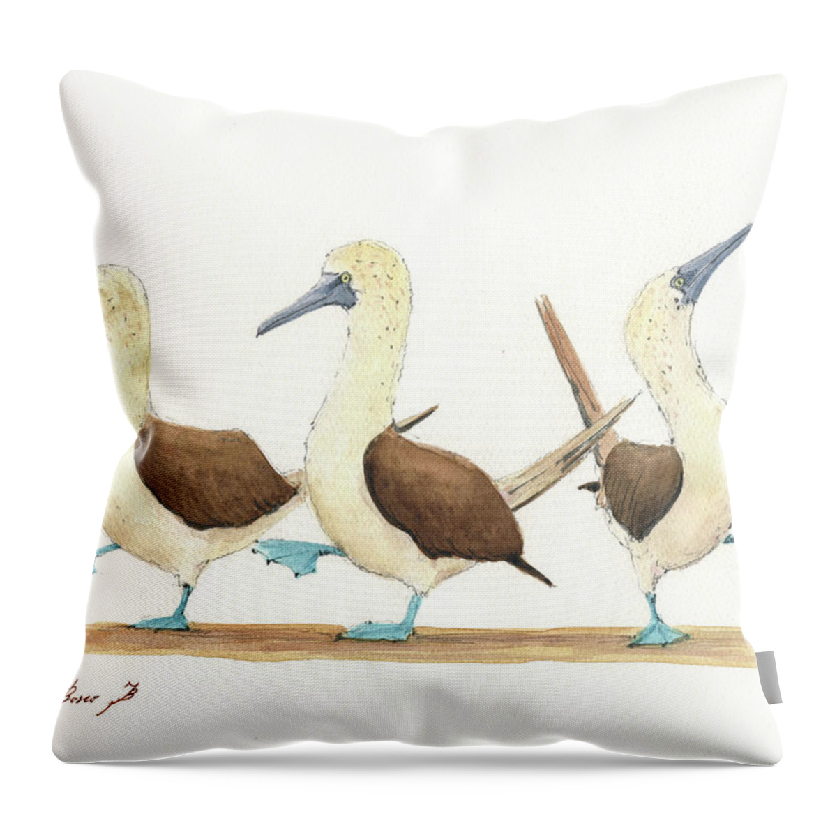 Bird Drawing Throw Pillow featuring the painting Three blue footed boobies #1 by Juan Bosco