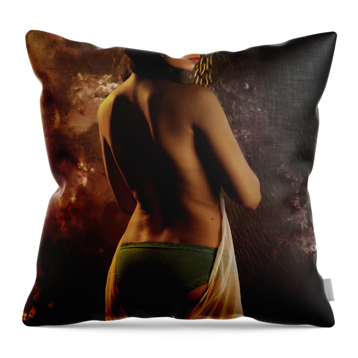 Seductive Throw Pillow featuring the photograph Topless nude showing back #1 by Kiran Joshi