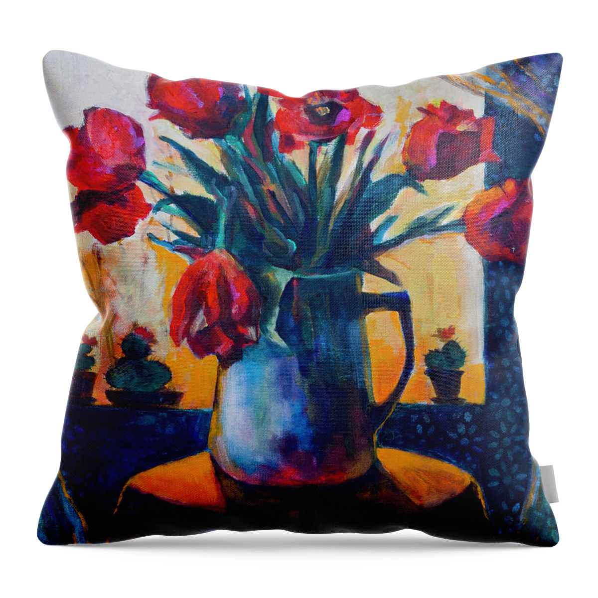  Throw Pillow featuring the painting Tulips and cacti #1 by Maxim Komissarchik