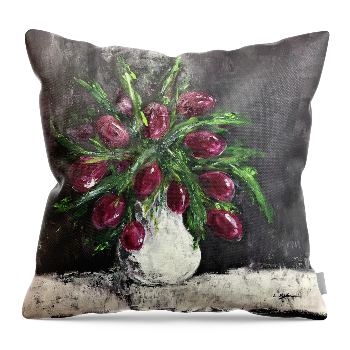 Tulips Throw Pillow featuring the painting Tulips in a vase #1 by Cristina Stefan
