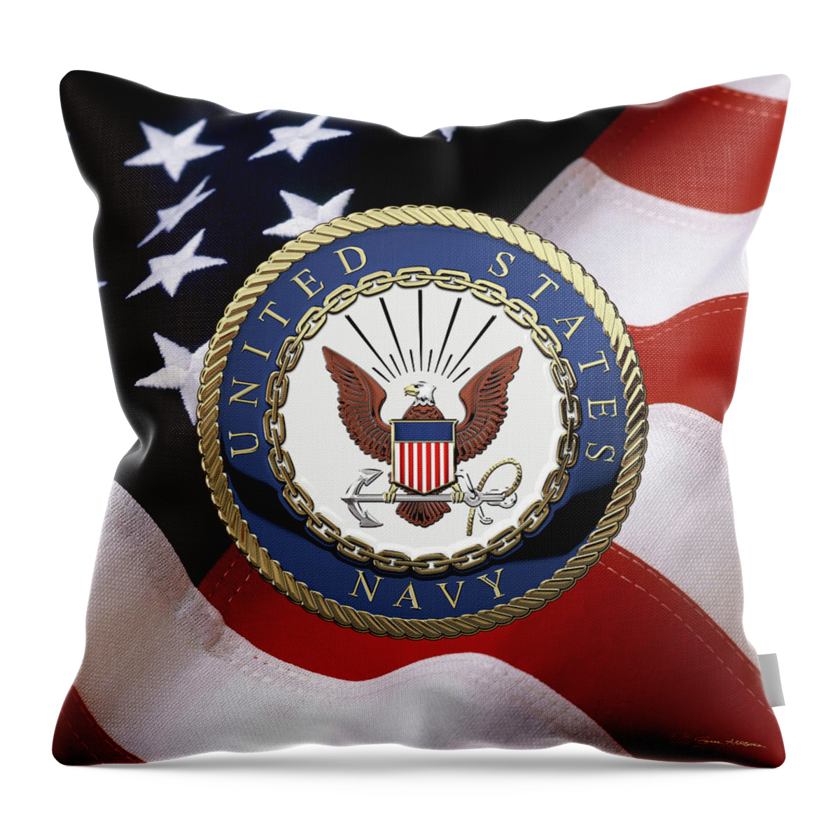 'military Insignia & Heraldry 3d' Collection By Serge Averbukh Throw Pillow featuring the digital art U. S. Navy - U S N Emblem over American Flag #1 by Serge Averbukh