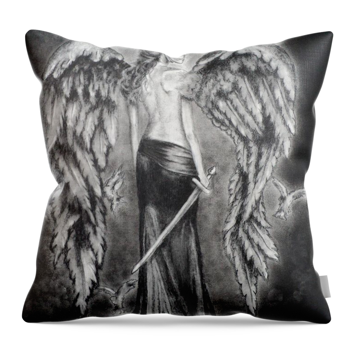 Charcoal Throw Pillow featuring the drawing Valkyrie Angel by Carla Carson