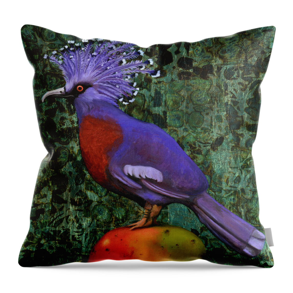 Victoria Crowned Pigeon Throw Pillow featuring the painting Victoria Crowned Pigeon On A Mango #2 by Leah Saulnier The Painting Maniac