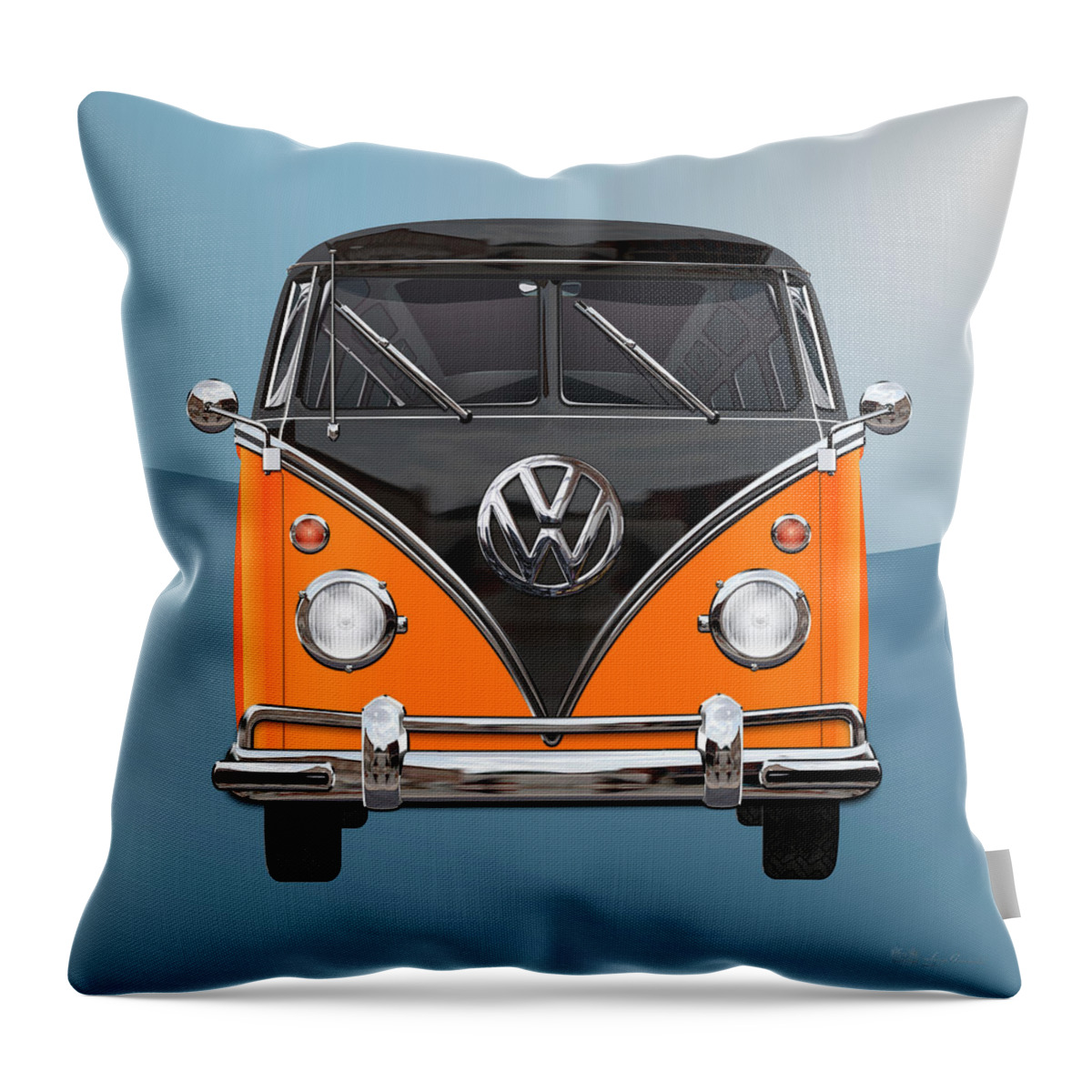 'volkswagen Type 2' Collection By Serge Averbukh Throw Pillow featuring the photograph Volkswagen Type 2 - Black and Orange Volkswagen T 1 Samba Bus over Blue #1 by Serge Averbukh