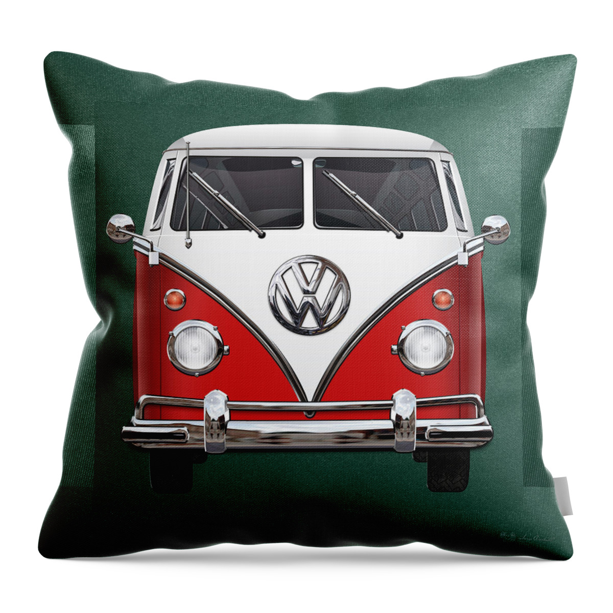 'volkswagen Type 2' Collection By Serge Averbukh Throw Pillow featuring the photograph Volkswagen Type 2 - Red and White Volkswagen T 1 Samba Bus over Green Canvas #1 by Serge Averbukh