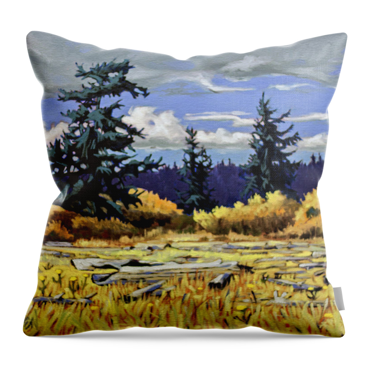 Original Landscape Painting At Whiffin Spit Park B.c. Throw Pillow featuring the painting Whiffin Meadow #1 by Rob Owen