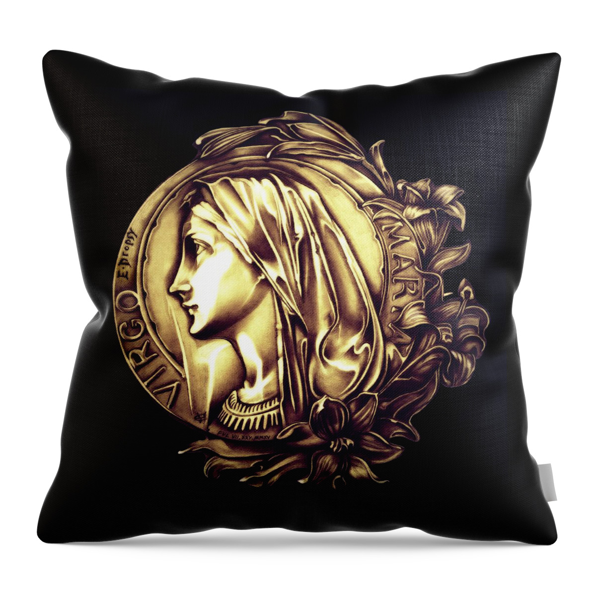 Mary Throw Pillow featuring the drawing White Lilly of the Virgin Mary #1 by Fred Larucci