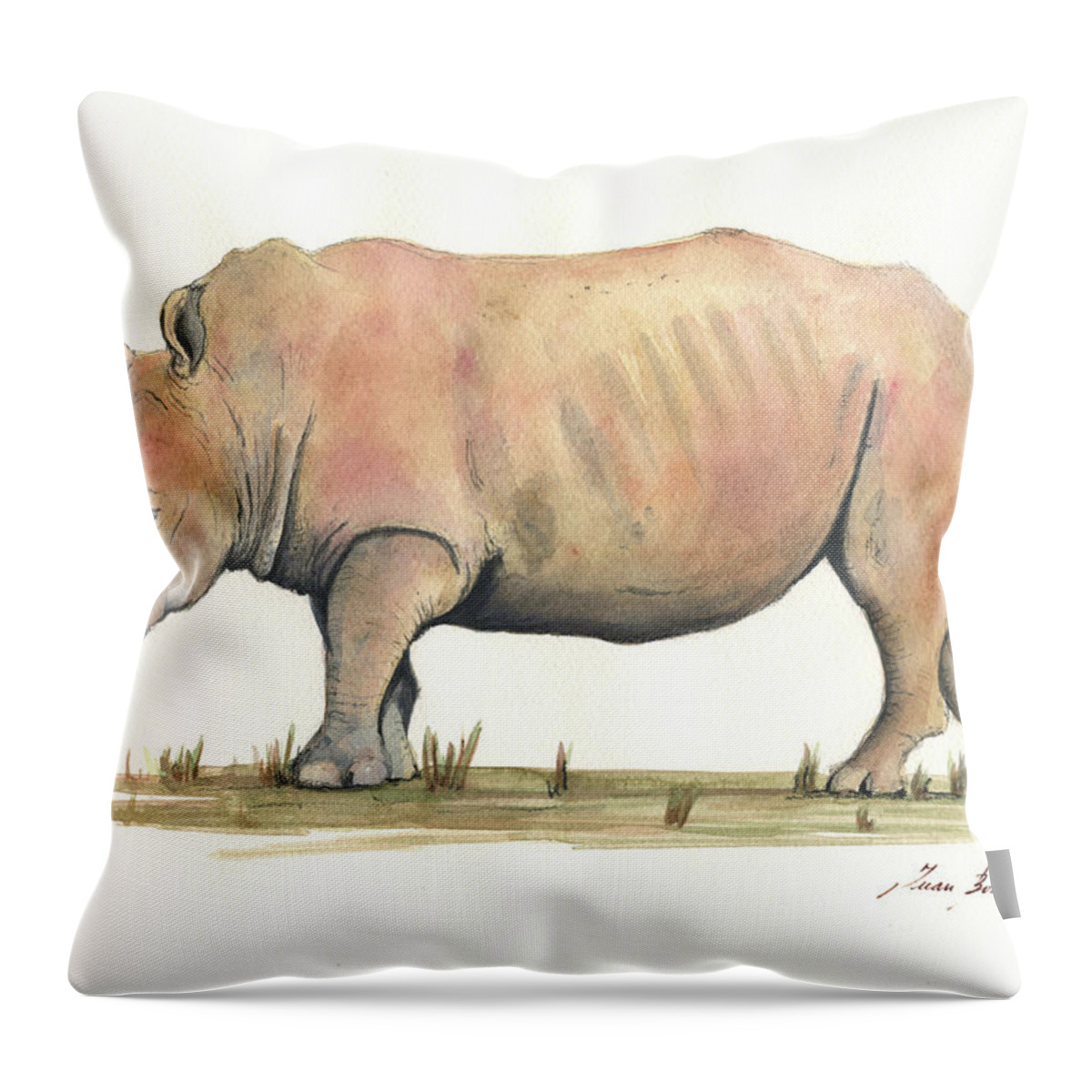 White Rhino Throw Pillow featuring the painting White rhino #1 by Juan Bosco