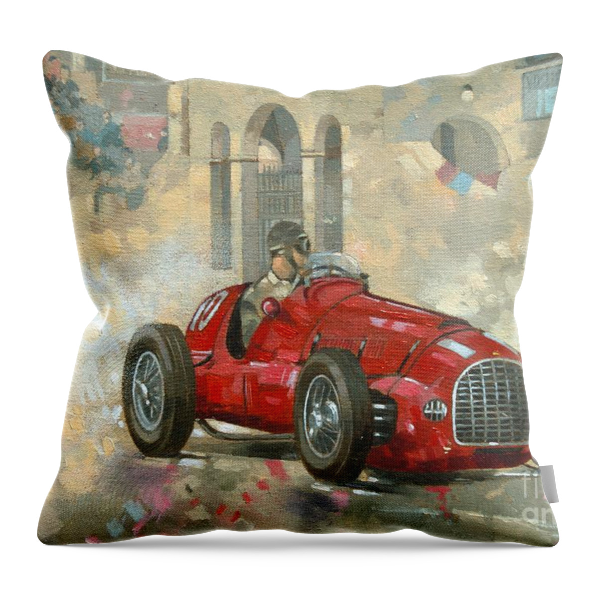 Whitehead Throw Pillow featuring the painting Whitehead's Ferrari passing the pavillion - Jersey by Peter Miller