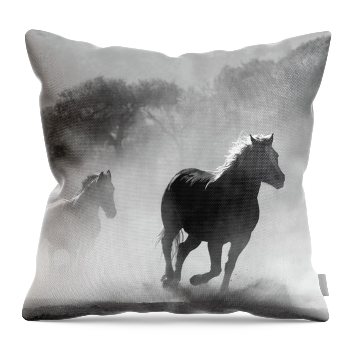 Horse Throw Pillow featuring the photograph Wild Horses Black And White Art #1 by Wall Art Prints
