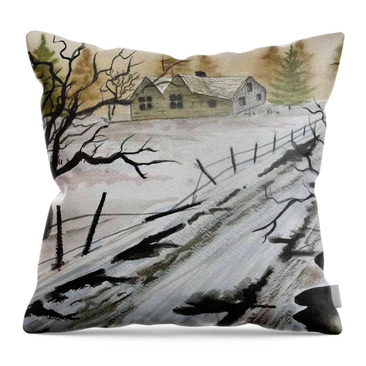 Building Throw Pillow featuring the painting Winter Farmhouse #1 by Jimmy Smith