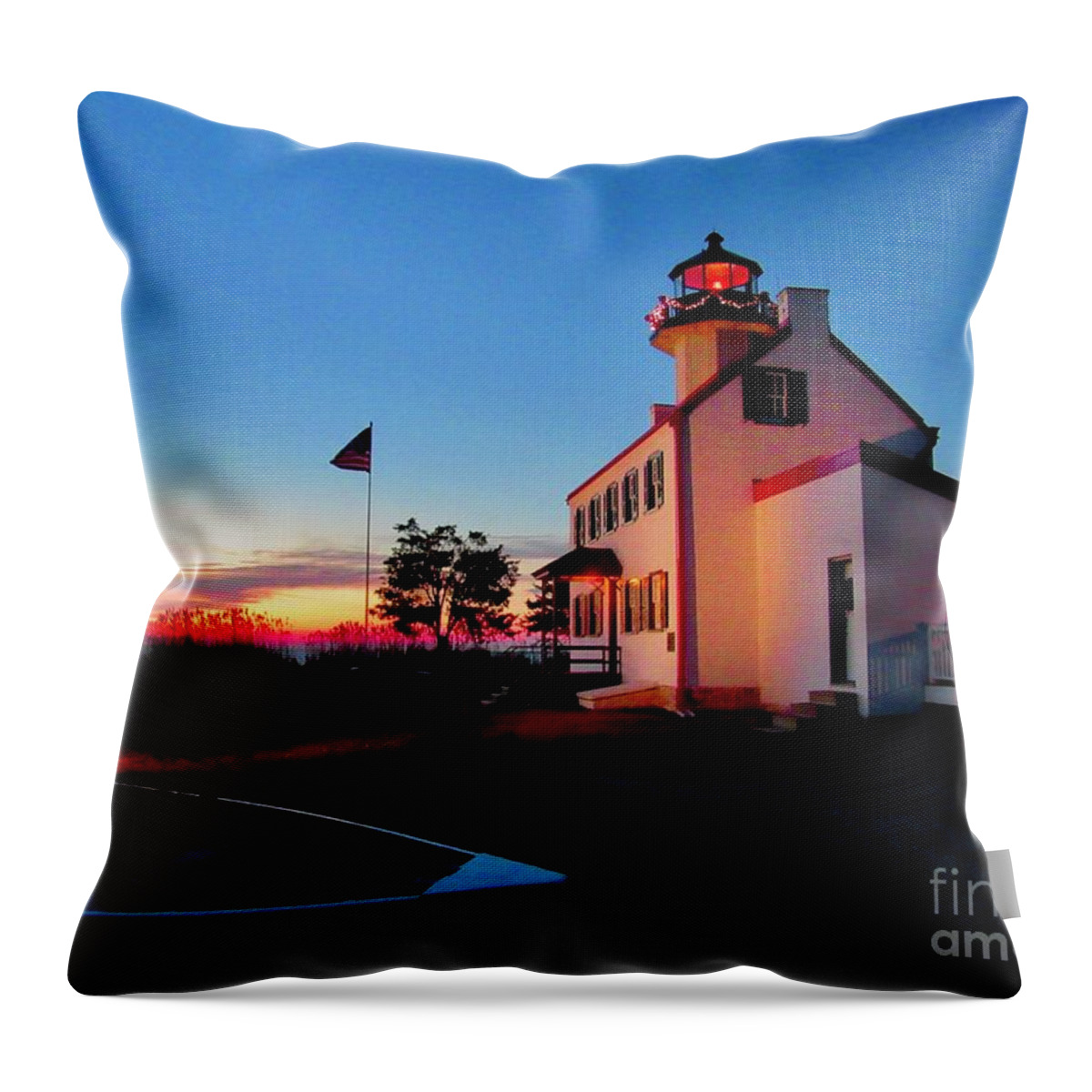 East Point Lighthouse Throw Pillow featuring the photograph Winter Sunset At East Point Lighthouse #1 by Nancy Patterson