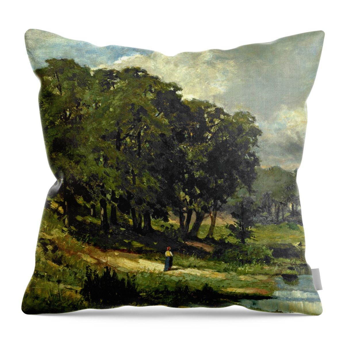 Edward Mitchell Bannister Throw Pillow featuring the painting Woman Standing Near a Pond #2 by Edward Mitchell Bannister