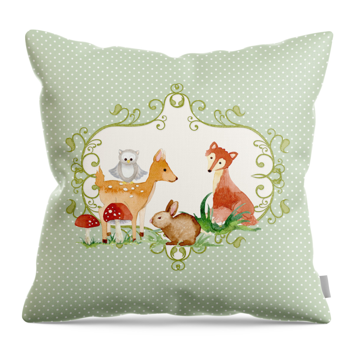 Woodland Throw Pillow featuring the painting Woodland Fairytale - Animals Deer Owl Fox Bunny N Mushrooms #1 by Audrey Jeanne Roberts