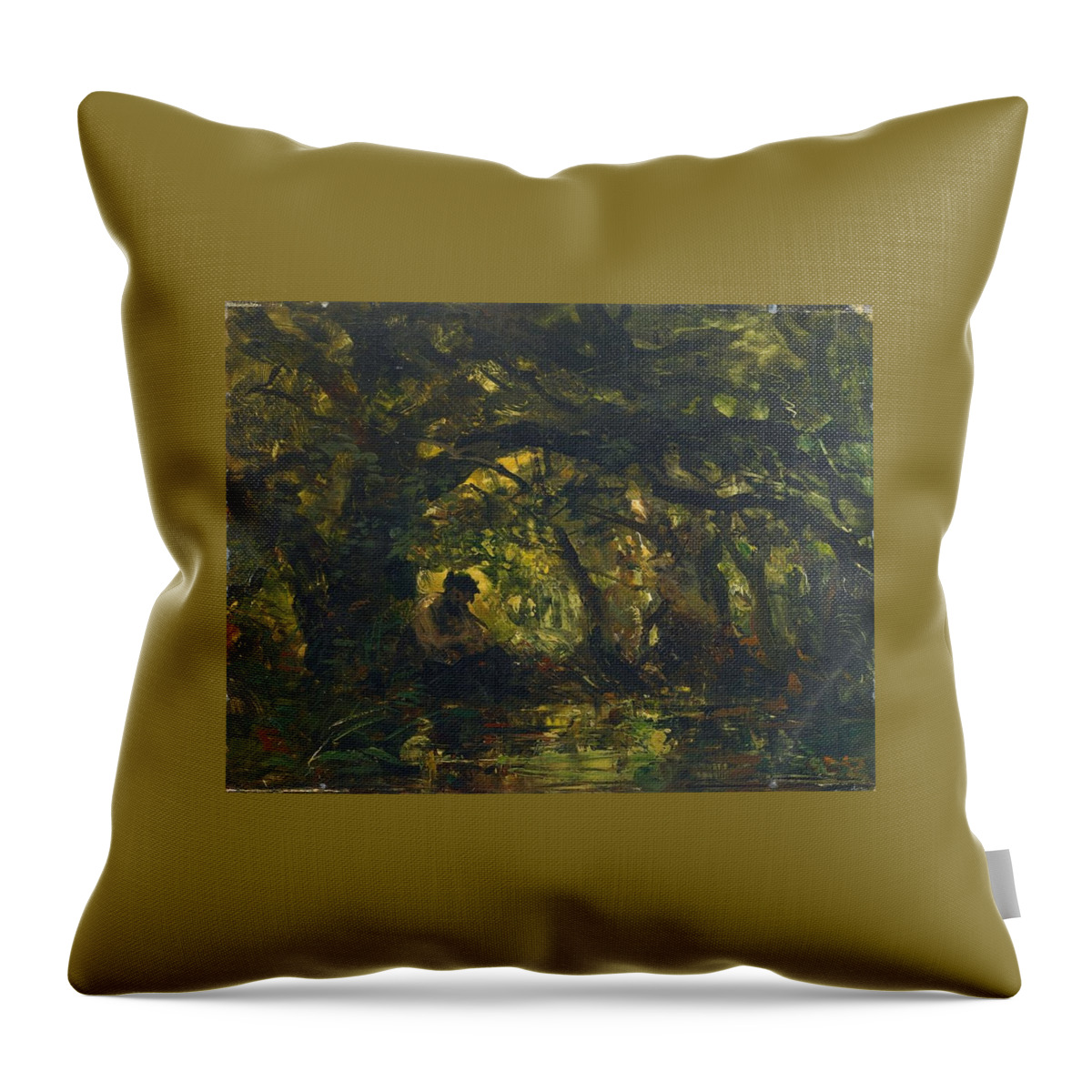 Carl Ebert Throw Pillow featuring the painting Woodland Scene with Pan Playing a Flute #1 by MotionAge Designs