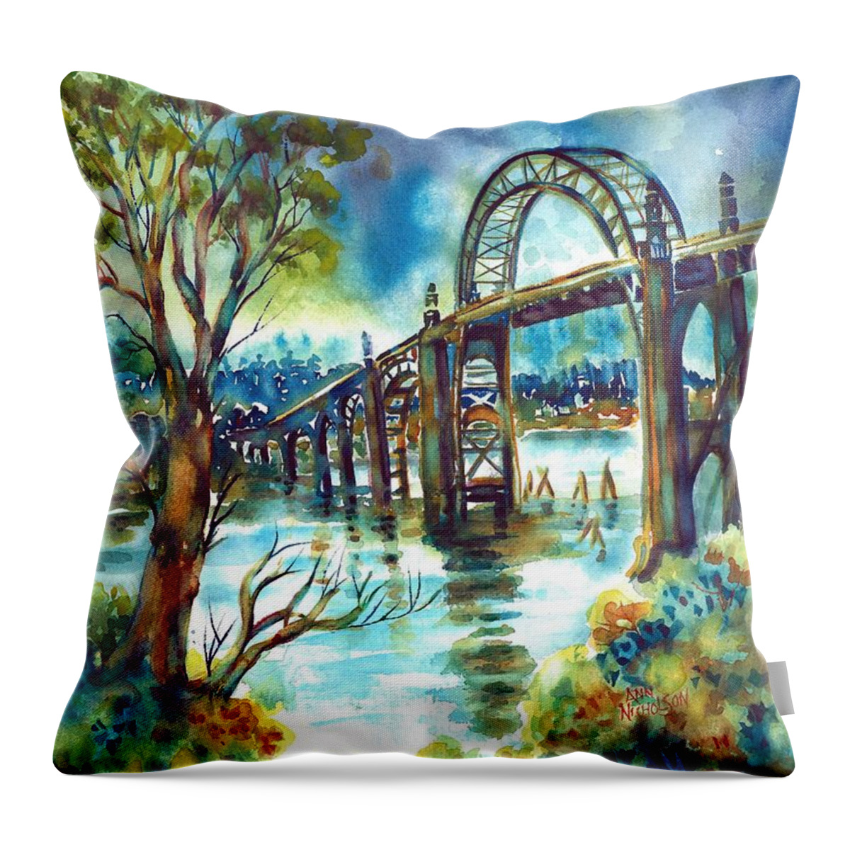 Newport Throw Pillow featuring the painting Yaquina Bay Bridge by Ann Nicholson