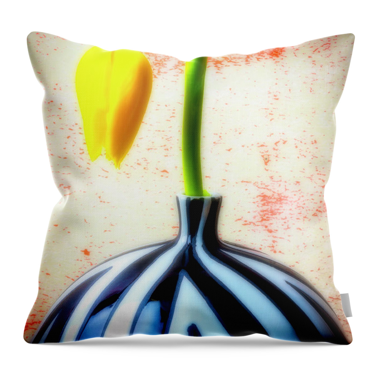 Graphic Throw Pillow featuring the photograph Yellow Tulip In Striped Vase #1 by Garry Gay