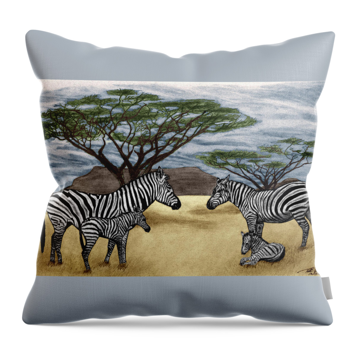 Zebra African Outback Throw Pillow featuring the drawing Zebra African Outback #2 by Peter Piatt