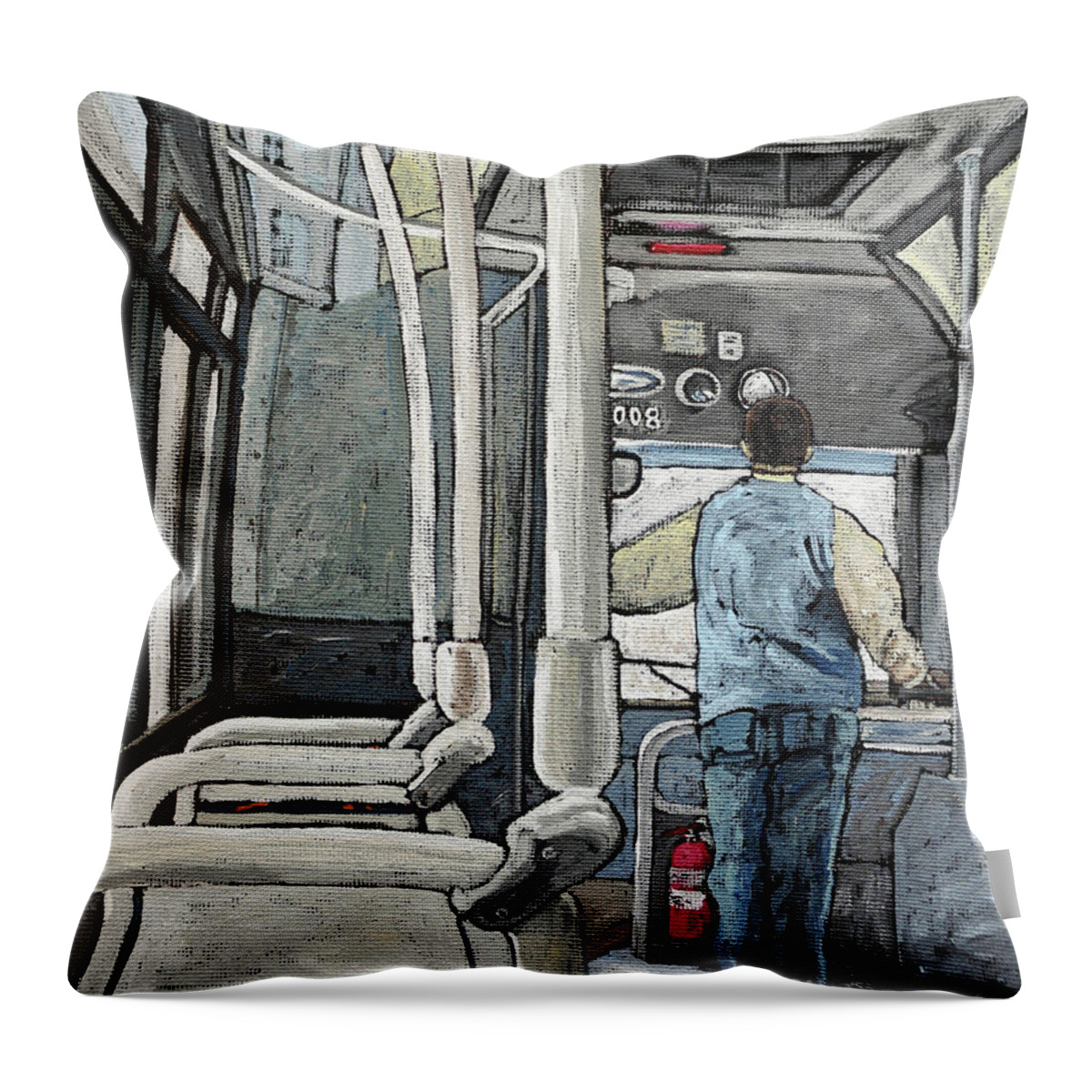 Buses Throw Pillow featuring the painting 107 Bus on a Rainy Day by Reb Frost