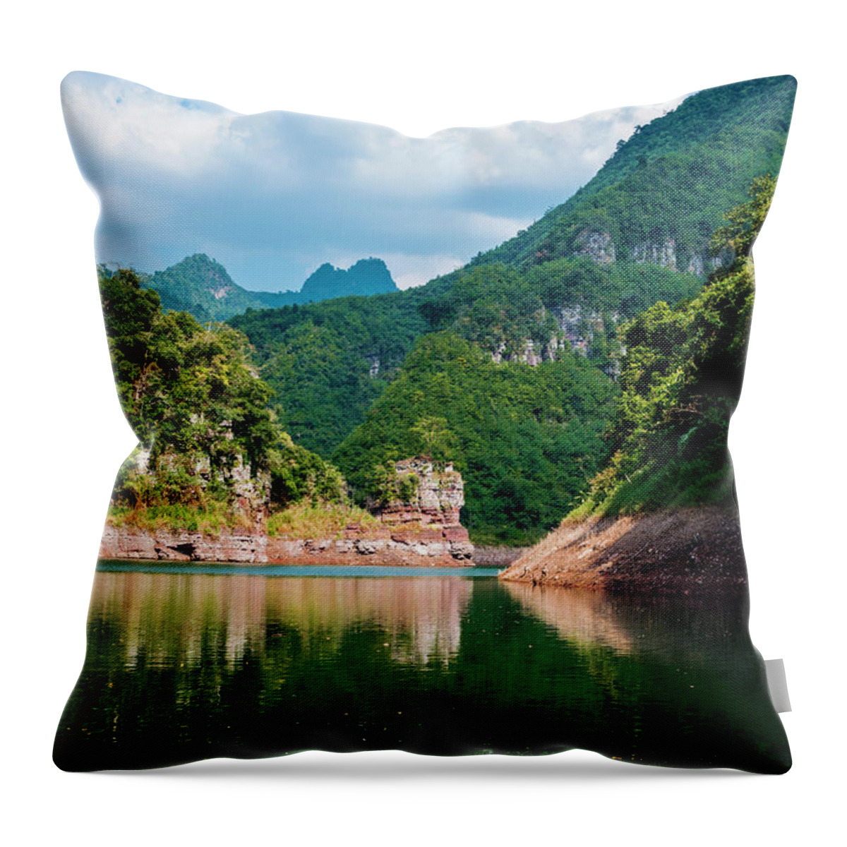 Mountain Throw Pillow featuring the photograph The mountains and reservoir scenery with blue sky #11 by Carl Ning