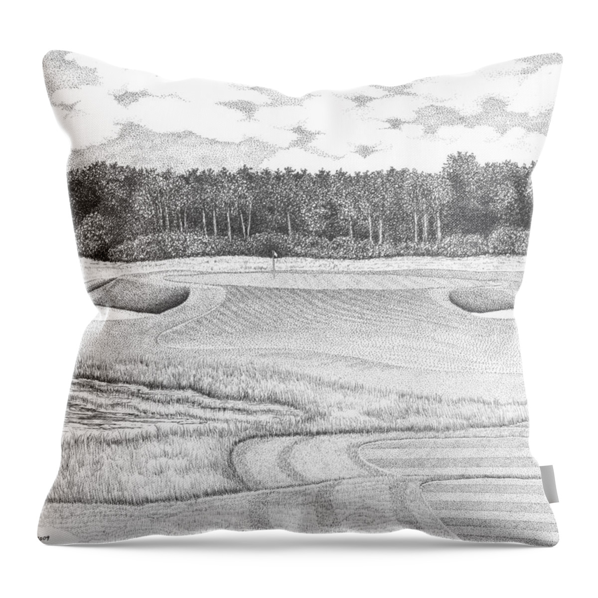 Golf Throw Pillow featuring the drawing 11th Hole - Trump National Golf Club by Lawrence Tripoli